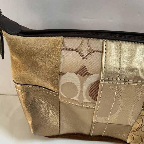 Coach Y2K Gold Patchwork Suede Canvas Metallic Leather Baguette Demi Mimi Bag - Picture 12 of 13